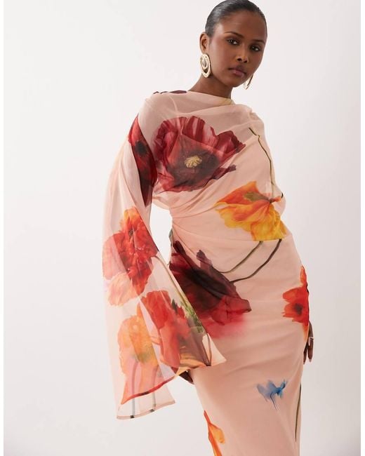 ASOS Pink Kimono Sleeve Cape Detail Draped Midaxi Dress With Open Back