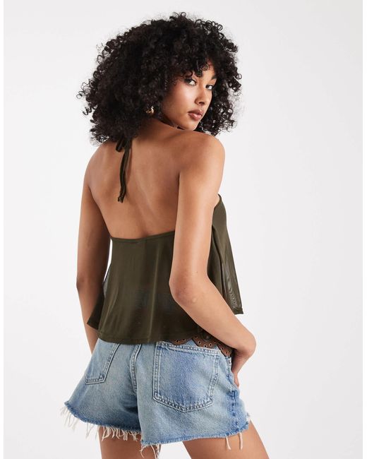 Miss Selfridge Brown O Ring Ruffle Split Front Top