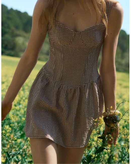 Stradivarius Green Short Checked Bodice Dress