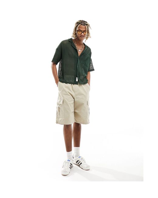 Native Youth Green Mesh Knit Button Through Short Sleeve Shirt for men