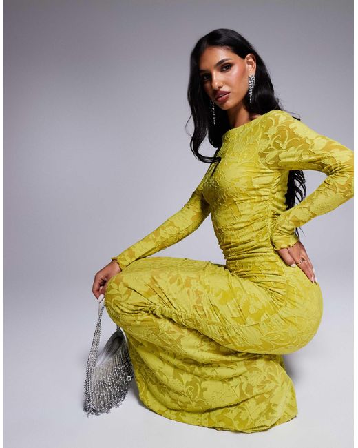 ASOS Yellow – langärmliges, gerafftes midikleid