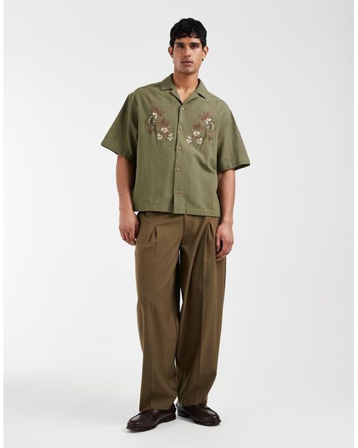 ASOS Green Oversized Boxy Shirt With Floral Chest Embroidery for men