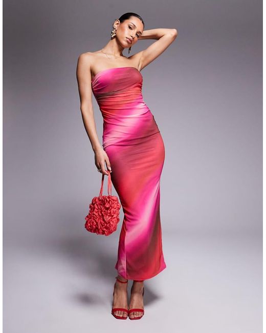 Missy Empire Pink Missy Empire Mesh Bandeau Ruched Side Detail Maxi Dress