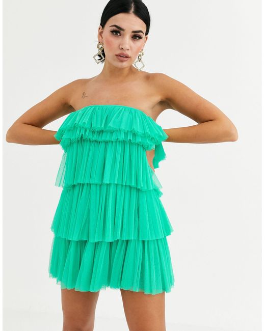 LACE & BEADS Green Tiered Ruffle Mini Dress
