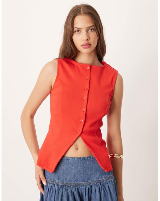 ASOS Red Button Front Longline Waistcoat Cinched Top