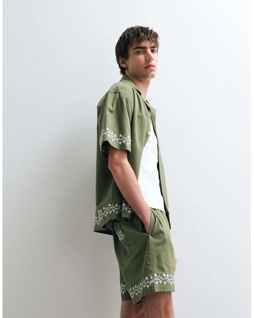 ASOS COLLECTIVE Green Cotton-linen Blend Embroidered Shorts for men