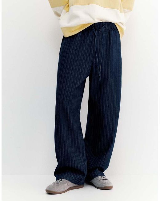 Pull&Bear Blue Striped Denim jogger Trousers for men
