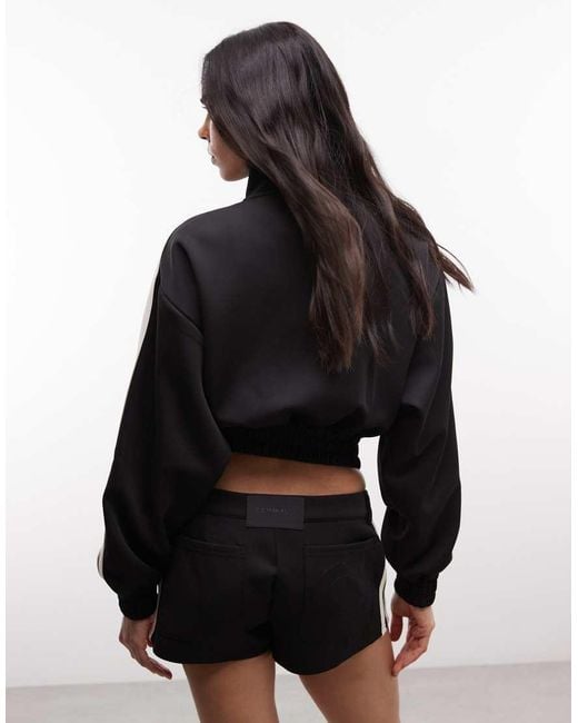 CERNUCCI Black Funnel Neck Cropped Logo Jacket Co-Ord With Side Taping