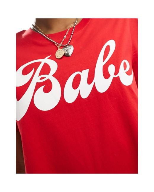 Monki Red Short Sleeve T-shirt With Front 'babe' Graphic