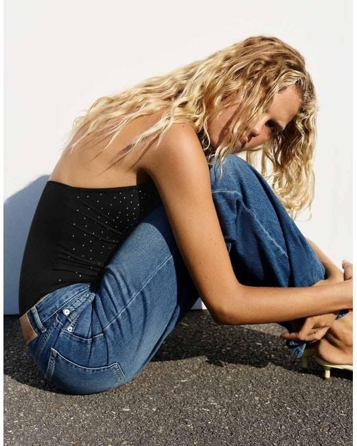 Pull&Bear Blue Rhinestone Halter Bodysuit