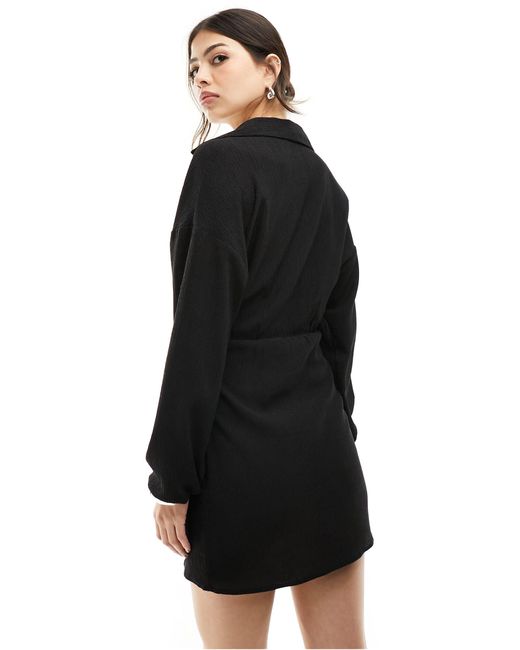 ASOS Black Textured Long Sleeve V Neck Wrap Mini Dress