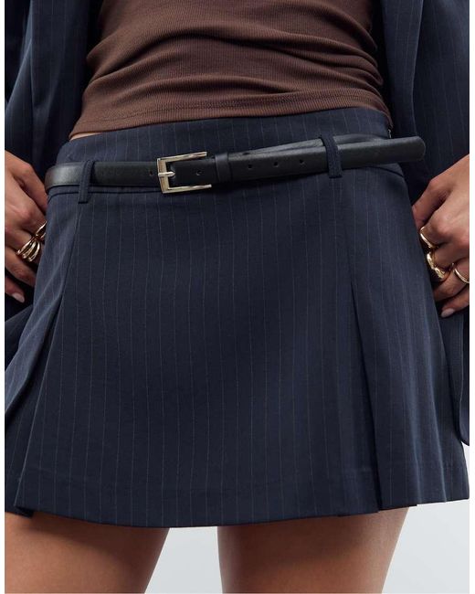 Stradivarius Blue Smart Striped Mini Skort With Belt