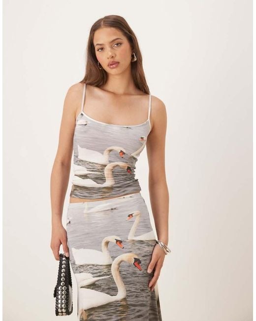 Tyler McGillivary White Swan Print Slinky Tank Top Co-ord