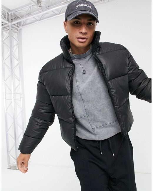 ASOS Waxed Cropped Puffer Jacket in Black for Men | Lyst Australia