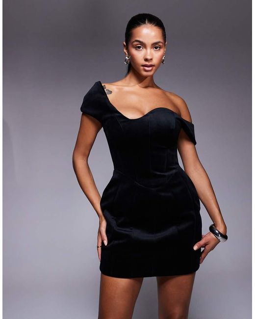 ASOS Black Wired Neckline Off The Shoulder Velvet Mini Dress With Tulip Hips