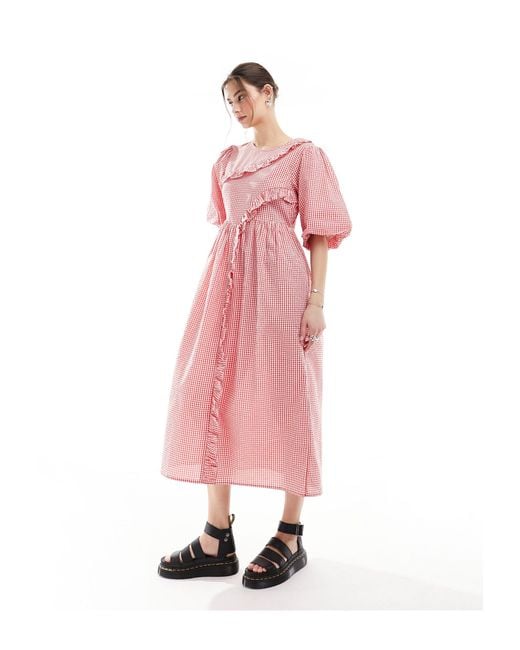 Native Youth Pink Ruffle Detail Gingham Midaxi Dress