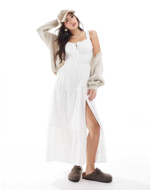 Hollister Maxi-Jurk Met Geborduurde Oogjes, Gesmokte Buste En Dijsplit in het White