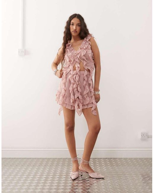Amy Lynn Pink Ruffle Detail Pleated Chiffon Crop Top Co-ord