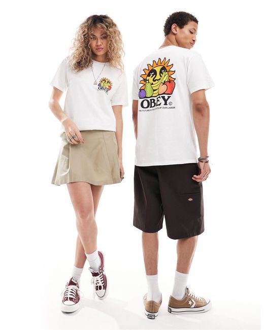 T-shirt unisex bianca con grafica con sole e frutta sul retro di Obey in White