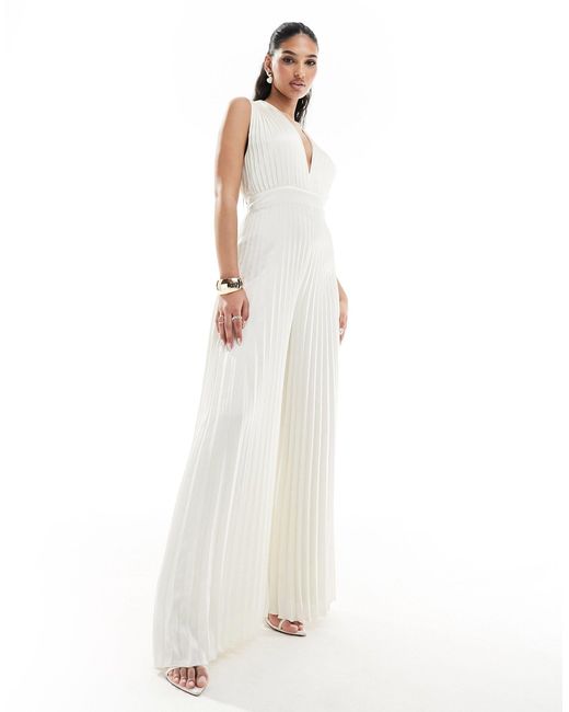 Abercrombie & Fitch White Plunge Pleated Jumpsuit