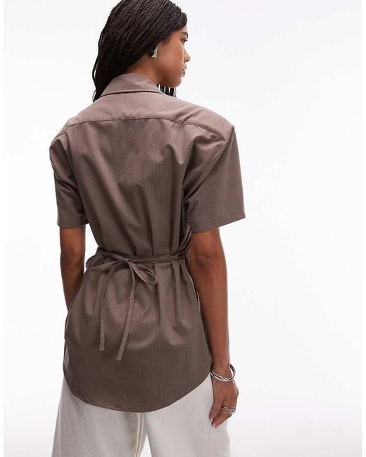 ASOS Brown Shoulder Pad Cinch Short Sleeve Shirt