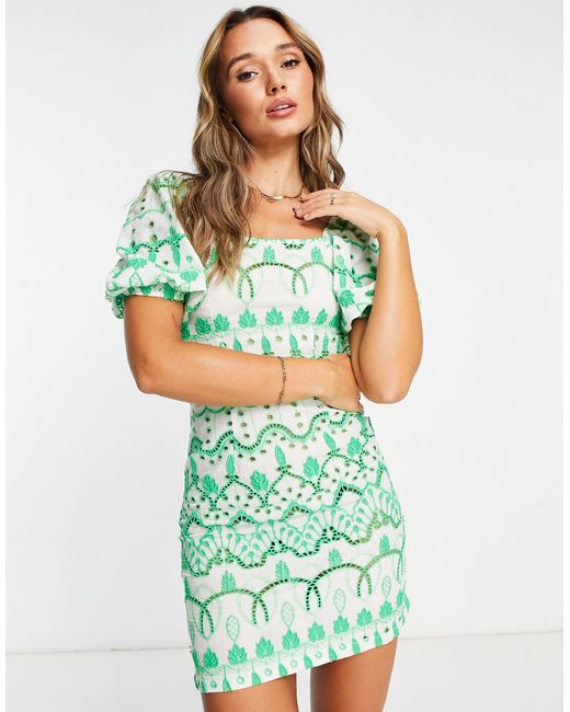Never Fully Dressed Puff Sleeve Broderie Mini Dress in Green | Lyst Canada