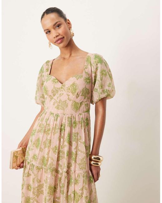 ANAYA Natural Floral Print Sweetheart Neck Midaxi Dress