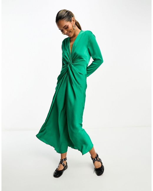 Mango Green Satin Wrap Detail Front Dress
