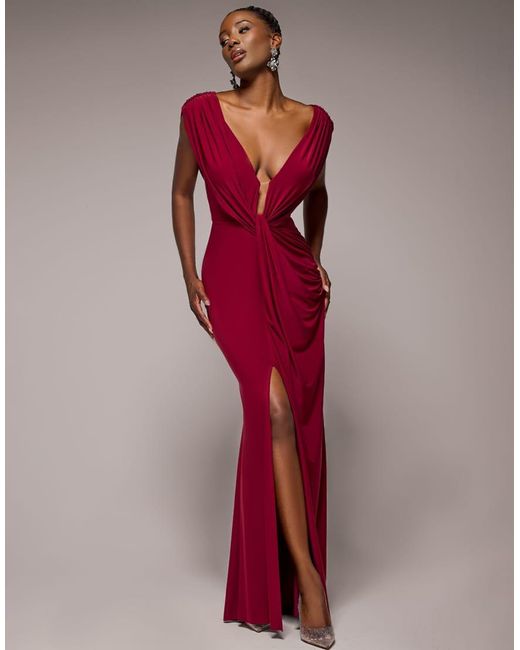 Goddiva Red Cowl Plunge Draped Mermaid Maxi Dress