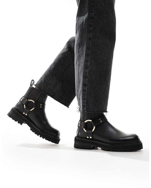 AllSaints Black Maddie Leather Harness Biker Boots
