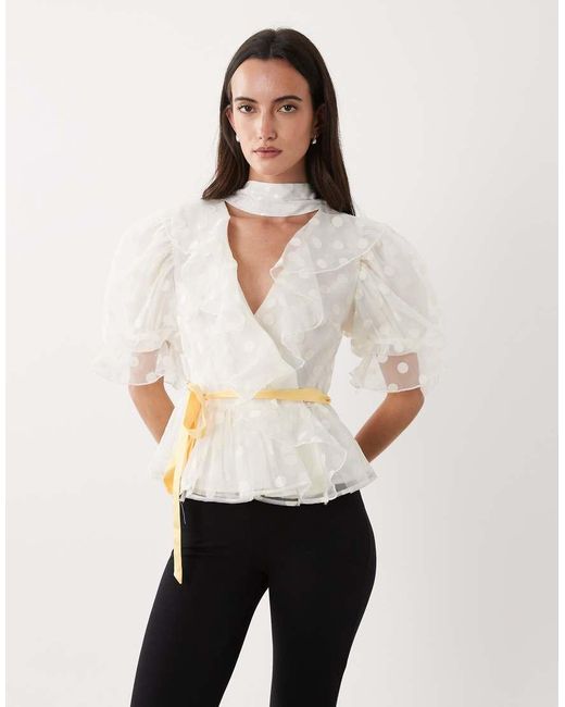 Sister Jane White Dream Cotton Blend Polka Dot Organza Puff Sleeve Wrap Top