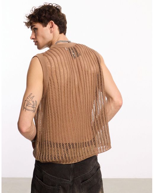 Collusion Brown Crochet Knitted Oversized Singlet for men