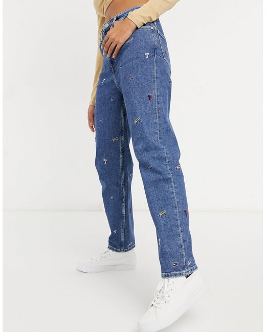 Tommy Hilfiger Mom Jeans Met Borduursels in het Blauw | Lyst NL
