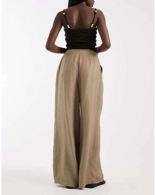 ASOS Natural Textured Wide Leg Trousers With Tie Waist