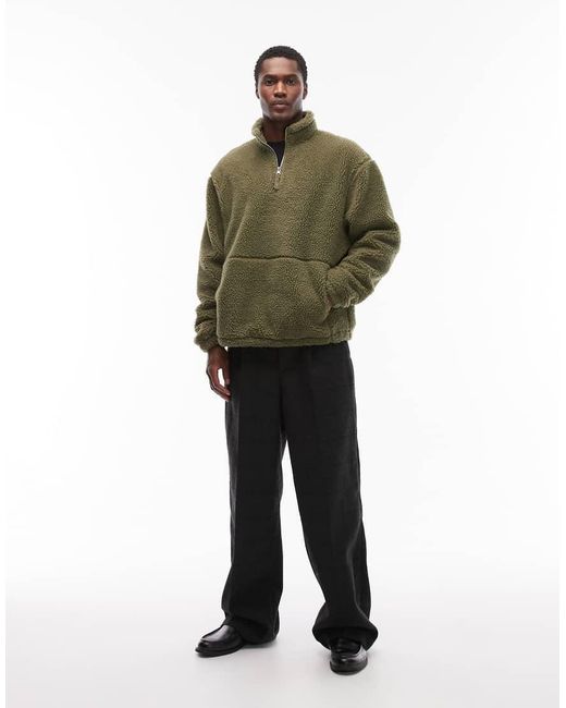 ASOS Green Relaxed Funnel Neck Zip Through Borg Sweatshirt for men