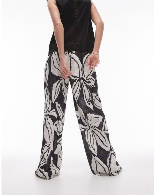 Pantalon plissé effet froissé à imprimé graphique - et blanc fleuri TOPSHOP en coloris Black