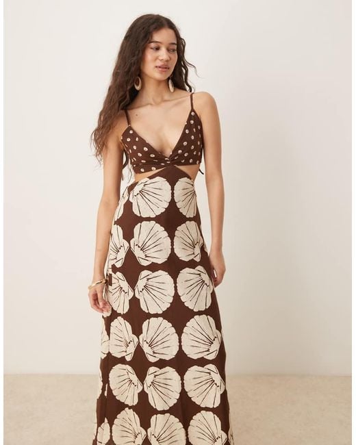 Abercrombie & Fitch Maxi-Slipdress Van Linnenmix Met Uitsnijdingen, Spaghettibandjes En Print in het Natural