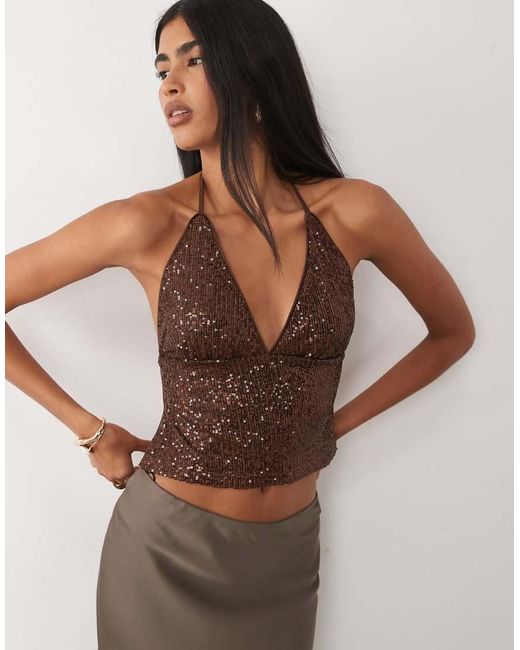ASOS Brown Sequin Backless Halter Neck Top