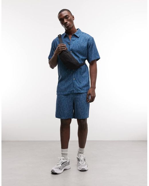 Parlez Blue Short Sleeve Stamp Geometric Pattern Button Up Shirt for men