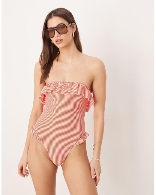 ASOS Pink Scarlet Stripe Bandeau Ruffle Swimsuit
