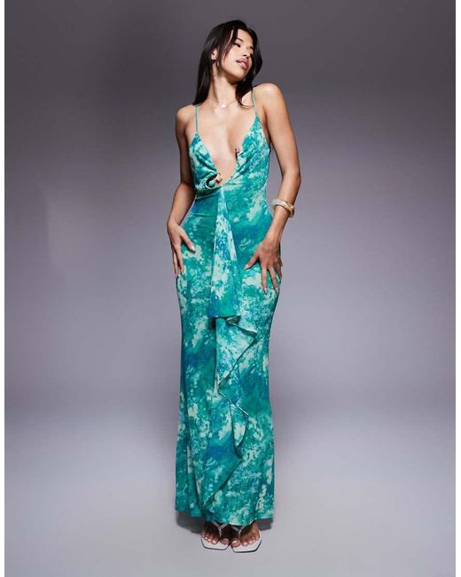 ASOS Blue Printed Mesh Maxi Dress With Hardware Ruffle Detail