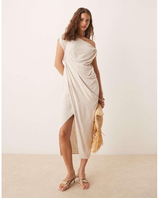 ASOS Natural Linen Fallen Twist Shoulder Wrap Skirt Detail Midi Dress