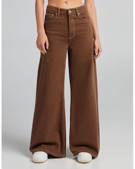 Bershka Brown Wide Leg Trouser With Contrast Seam