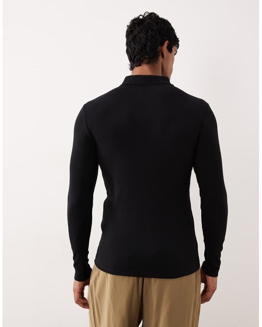ASOS Black Muscle Fit Long Sleeve Heavyweight Polo for men
