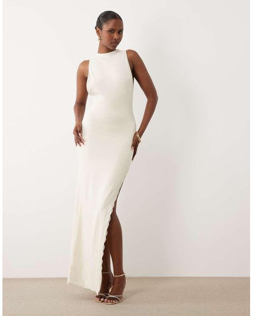 Oh Polly Natural Modal Halter Neck Open Back Detail Lace Trim Maxi Dress