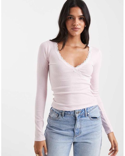 Hollister White Long Sleeve Lace Trim Top