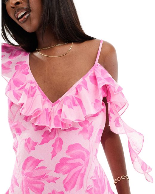 ASOS Pink Sheer Plunge Neck Strappy Mini Dress With Ruffle Neck And Tendrils