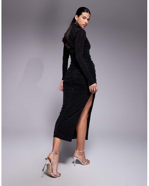 Ruched & Ready Blue Removable Shoulder Pad Detail Sculpting High Neck Drape Front Hotfix Maxi Dress