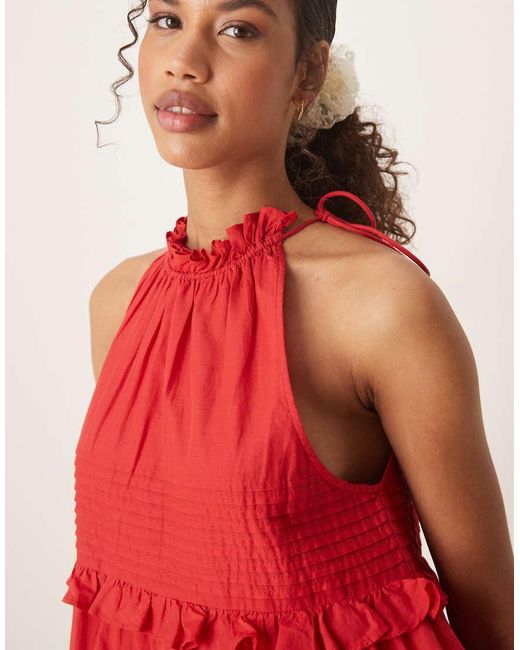 ASOS Red Halter Ruffle Mini Dress With Pintucks