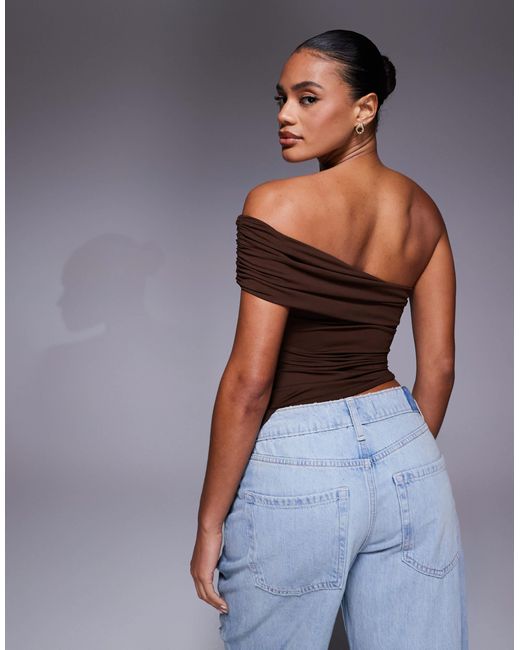 ASOS Gray Polyamide One Shoulder Bardot Top With Asymmetric Hem